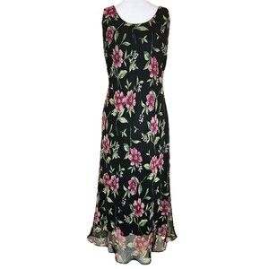 Virgo Petite Dark Floral Midi Slip Dress Women's 12 Sheer Overlay 90s Whimsigoth
